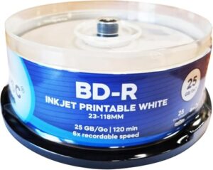 Pro-Series BD-R 25GB 6x HTL Full Face White Inkjet Printable Single Layer Recordable Blank Data Blu-Ray Discs 130 Minutes Cake Box/Spindle 18193 - 100 Pack