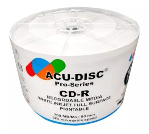 ACU-DISC Pro-Series CD-R 52x Speed 700MB 80 Minute Full Face Brilliant White Inkjet Printable Blank Discs 13679 – 50 Pack