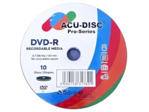 ACU-DISC Pro-Series DVD-R 4.7GB 16x Speed 120 Minutes Blank Discs AZO Dye UV Protection Hard Coat Anti-Scratch Surface – Perfect for Photos & Videos – Compatible with Any DVD Drive 17691 – 10 Pack