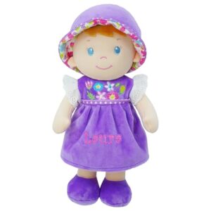Lullaberry Personalized Soft Dolly Laura - Stuffed Soft Baby Doll for Birth and Up with Custom Name - Purple Dress