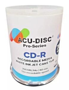 ACU-DISC Pro-Series CD-R 52x Speed 700MB 80 Minute Full Face Brilliant White Inkjet Printable Blank Discs 17639 – 100 Pack Spindle