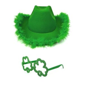 Lizzy Green Cowboy Hat With Irish Shamrock Novelty Glasses with Glitter St.Patrick's Day Party Hats Shamrock Hat Fancy Dress Irish Green Feather Felt Hat for Women Me