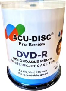 ACU-DISC Pro-Series DVD-R Blank 16x 4.7GB 120 Mins Full Face Brilliant White Inkjet Printable Blank Discs CakeTub 17615 - 100 Pack