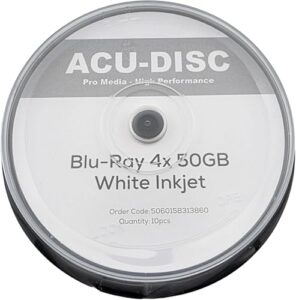 ACU-DISC Pro-Series BD-R 50GB 4x HTL Dual Layer DL BDR Full Face White Inkjet Printable Recordable Blank Data Blu-Ray Discs Cake Box/Spindle 18209 - 20 Pack