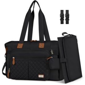 RAINSMORE Baby Changing Bags Nappy Tote Bag Waterproof Baby Diaper Bag for Mom and Dad with Pacifier Holder and Portable Changing Mat Black