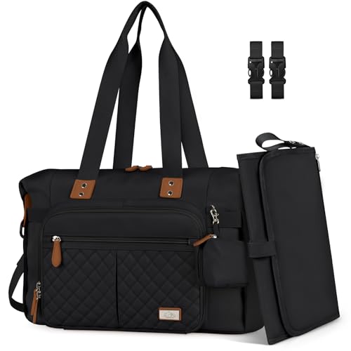 RAINSMORE Baby Changing Bags Nappy Tote Bag Waterproof Baby Diaper Bag for Mom and Dad with Pacifier Holder and Portable Changing Mat Black