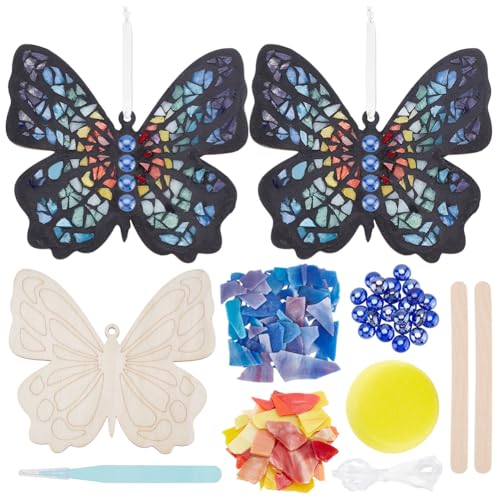 WEBEEDY 2 Sets Butterfly Mosaic Tiles Kit Glass Mosaic Coaster Kit with Wooden Bases Wall Hanging DIY Mosaic Kit Unique Gifts for Women