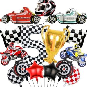 Car Decorations 5th Birthday Balloons - 15 Pieces Race Car Party Supplies Number 5 Checkered Star Motorcycle Foil Balloons