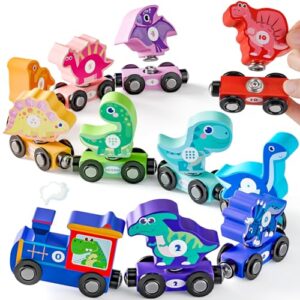 Wooden Magnetic Train Toys for 1 2 Year Old Boy Gifts - Snap Dinosaur Train Set for Boys Toys Age 2 3 4 - Educational Montessori Toys for Girls Age 2 3 Easter Birthday Gif