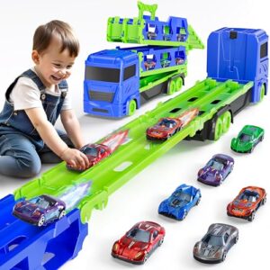 Toddler Truck Toys Cars for 2 3 4 Year Old Boys Gifts - 65 Inch Race Track Car for Boys Toys Age 2 3 4 - Transporter Truck Toy with 6 Mini Cars - Birthday Gifts Vehicles Toys for Kids Prese
