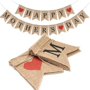 Pre-Strung Happy Mothers Day Burlap Banner with 3 Hearts Decoration Burlap Mothers Day Bunting Flag For Mom Mum Home Indoor Outdoor Holiday Party Mother's Day Special Decoration Background NO DIY