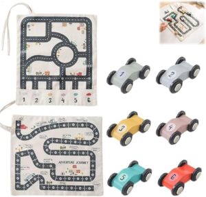 Canvas Car Toy Set - Wooden Race Car Toy With Canvas Car Adventure Travel Game Road Map - DualSide Canvas Road Map Game With 6 Wooden Car