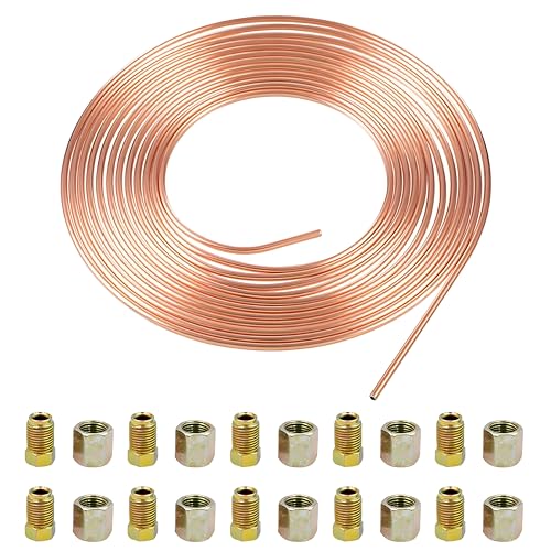 Crozgan Brake Pipe Fittings Steel Tubing 32.8FT of 3/16" Pipe Copper Coated with 20 Nuts 10M Car Brake Coated Steel Hose for Connecting Brake Lines and Cable Mounting