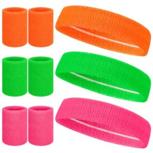Meng Jiaran 9Pcs Sports Headband and Wristbands Set 80s Neon Sweat Bands Absorbent Sweatbands Cotton Head Band Wrist Bands Set for Running Exercise Gym Sports Tennis Basketball