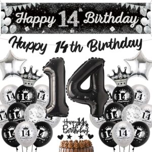 14th Birthday Decorations for Boys Girls - Glitter Black Silver Happy 14th Birthday Yard Banner