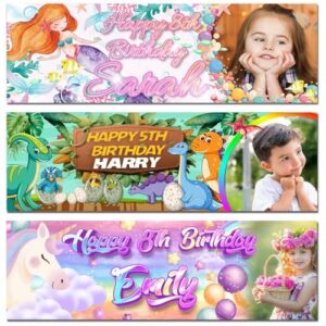 2 Personalised birthday banner Photo mermaid pink girl children kids party sea fish decoration celebration gif