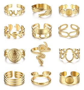 FIOROYAL 12Pcs       Rings for Women Stainless Steel Stackable Rings Boho Signet Snake Ring Adjustable Open Ring Chunky Knuckle Rings Set Gold