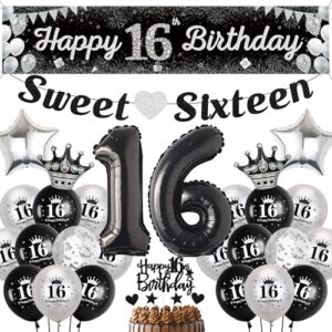 16th Birthday Decorations for Boys Girls - Black Silver Sweet Sixteen Happy 16th Birthday Yard Banner