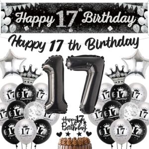 17th Birthday Decorations for Boys Girls - Black Silver Happy 17th Birthday Yard Banner