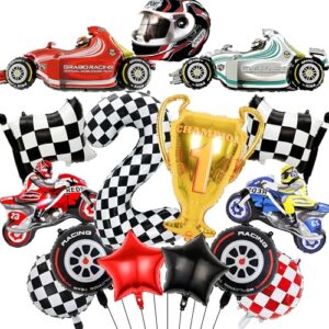 Car Decorations 2nd Birthday Balloons - 15 Pieces Race Car Party Supplies Number 2 Checkered Star Motorcycle Foil Balloons