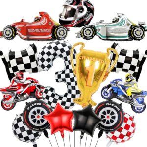 Car Decorations 3rd Birthday Balloons - 15 Pieces Race Car Party Supplies Number 3 Checkered Star Motorcycle Foil Balloons