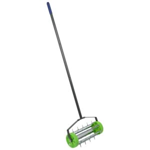 Harbour Housewares Rolling Lawn Aerator - 40cm x 1.4M - Green - 1x Manual Heavy Duty Garden Gardening Grass Fertilizer Soil Turf Spikes Scarifier Aeration Hand Fork Tool