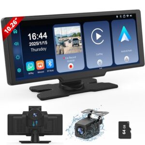 Portable Wireless Carplay Screen with Dashcam - Lehwey 10.26 Inch A-pple Car Play Tablet with 4K Front Dash Cam & 1080P Rearview Backup Camera
