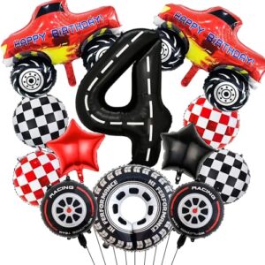 Truck Birthday Decorations 4th Balloons - 12 Pieces Car Party Supplies Number 4 Checkered Star Racing Foil Balloons