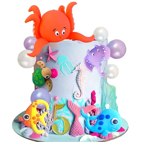 JeVenis Under the Sea Cake Toppers Ocean Animal Cupcake Toppers Under the Sea Party Decorations Ocean Sea Theme Baby Shower Birthday Party Cake Decorations