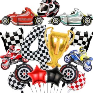 Car Decorations 4th Birthday Balloons - 15 Pieces Race Car Party Supplies Number 4 Checkered Star Motorcycle Foil Balloons