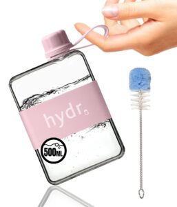 hydr™ Flat Water Bottle For Handbag & Flexible Cleaning Brush | 500ml Tritan BPA Free Mini Water Bottle | Leak/Drop Proof Slim Travel Water Bottle