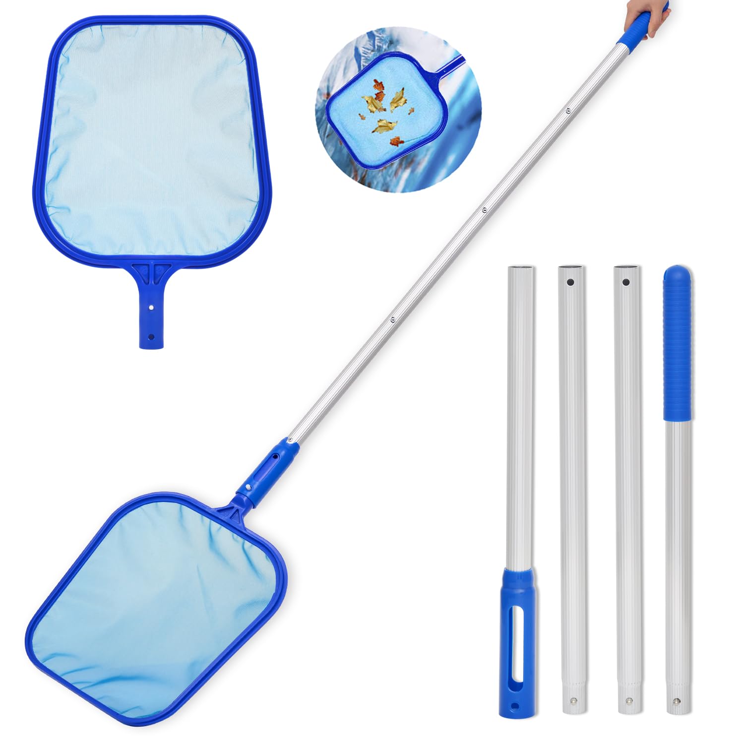 Pool Skimmer Net - 6ft/183cm Pond Leaves Cleaning Fine Mesh Rake Net - 4 x Detachable Intensify Aluminum Pole