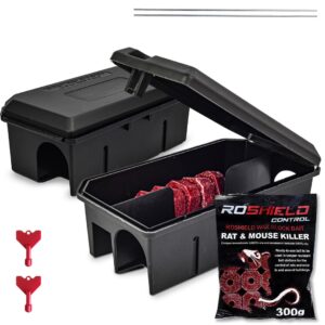 ROSHIELD - 2X PRE-BAITED Anti Rat Solution Kit | Pre Bait Box Rat Trap + 300g Refill blocks | indoor/Outdoor Fast & Safe Infestation Control | Rat Poisoning Super Strength | READY TO USE | 2Pack+300g