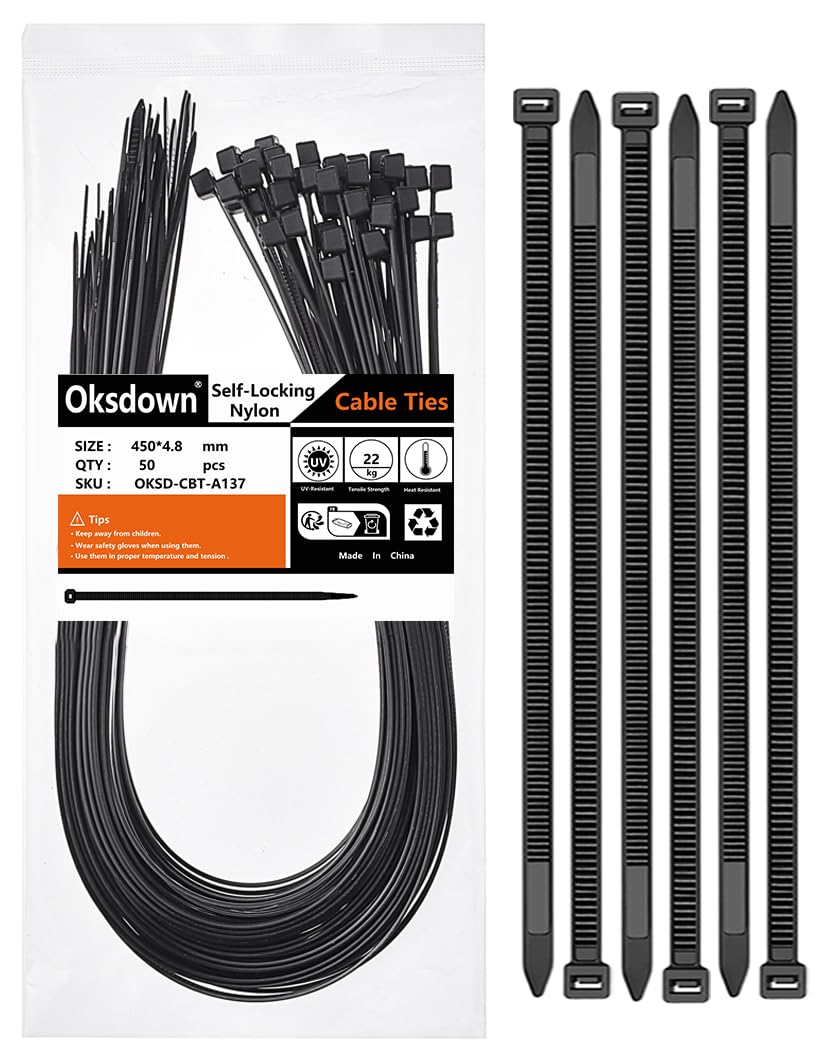 Oksdown Cable Ties 450mm×4.8mm Black Thick Heavy Duty Large Strong Nylon Plastic Self Locking 18 inch/45 cm Extra Long Zip Tie Wraps