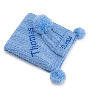 Lobeko Personalised Baby Cable Knit Blanket and Beanie Hat Gift Set For Baby with Name