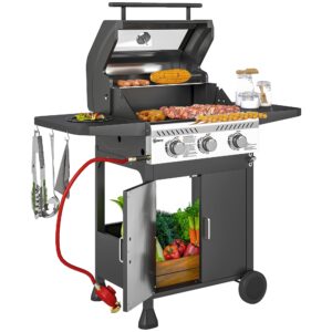 Outsunny 3 Burner Gas BBQ Trolley with See-through Lid
