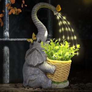 lifemet Garden Ornaments Outdoor Elephant Statue - Solar Garden Elephant Statues with Lantern Resin Elephant Ornament for Patio