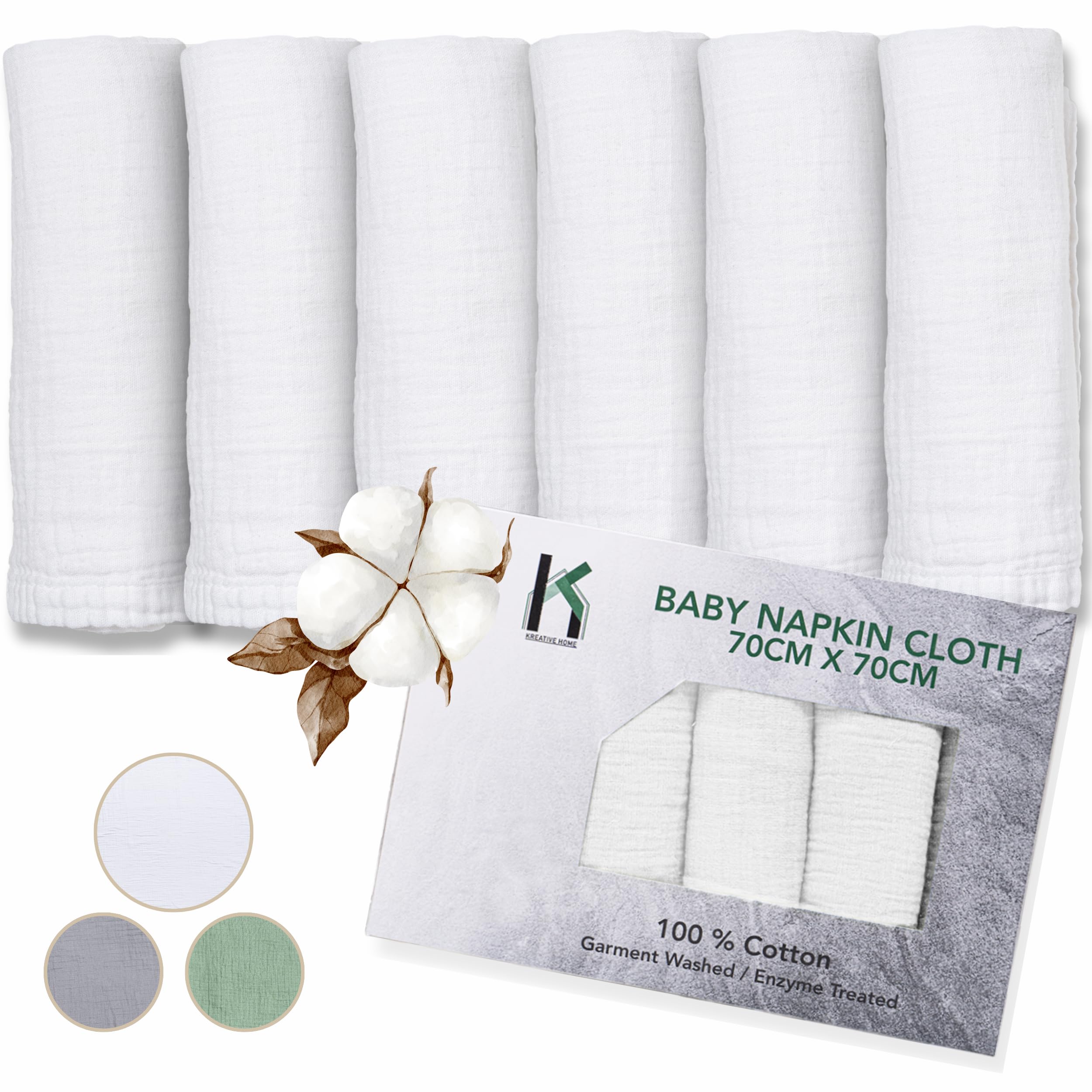 KreativeHome Muslin Cloths for Baby - 6 Pack Large 70x70cm Muslin Squares 100% Cotton