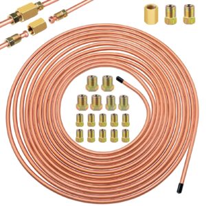 mxuteuk 3/16 Inch x 25 ft Brake Pipe kit Flexible Copper Coated Alloy Brake Pipe Tubing Coil with 18 Inverted Flare Fittings and 1 Unions SAE Standard