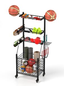 yeshine 4-Layer Metal Ball Storage Rack Football Stand with Rolling Wheels Ball stand Sports equipment Organizer with Basket Hooks for Garage Basketball Football Volleyball Indoor Outdoo