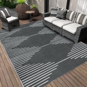 Falflor Large Outdoor Rug 240x300cm for Garden Waterproof Reversible Patio Rug Foldable Plastic Picnic Blanket UV Resistant Floor Mat for Beach Camping RV Deck(Grey)