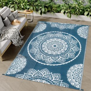 Famibay Outdoor Rug Waterproof Plastic Straw Garden Rugs Reversible Rug 120 x 180 cm Outdoor Patio Carpet UV Resistant Portable Mandala Area Rug for RV Balcony Picnic Blue