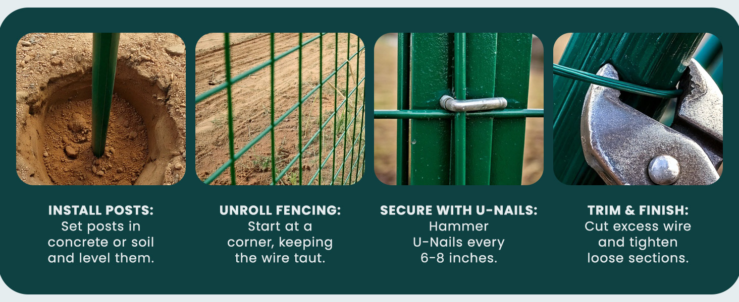 How to Install: Install Posts, Unroll Fencing, Secure with U-Nails, Trim and Finish