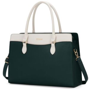 Laptop Bags for Women 15.6 Inch Ladies Work Bag PU Leather Designer Laptop Handbag Large Laptop Tote Bag for School Computer Business Travel Dark Green and White