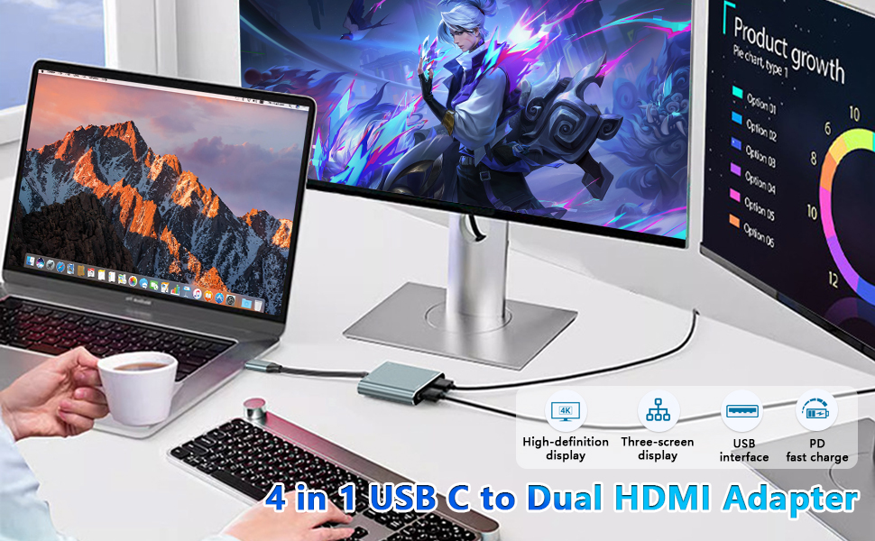 4K USB C to Dual HDMI Adapter, Supports 4K@60Hz, USB C to Dual HDMI Female Connector Converter