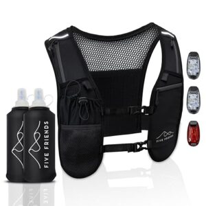 Running Vest with 2 Water Bottles & 3 LED Lights – Lightweight Reflective Hydration Vest with 6 Pockets – Adjustable Running Backpack for Men & Women