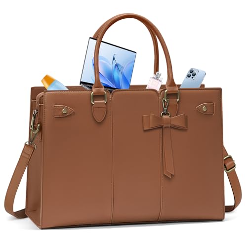 RAINSMORE Laptop Bags for Women PU Leather Work Bags for Women Tote Bag Large Handbag Shoulder Bag for Office Bussiness 15.6 Inch Dark Brow