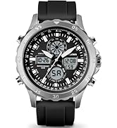 PINDOWS Watches for Men, Men Military Digital Analog Casual Dual Time Leather Wristwatch Multifun...