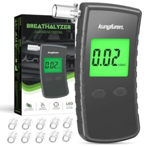 kungfuren Alcohol Breathalyzer Tester Digital Breathalyser - Breath Testers with 11Pcs Mouthpieces for Home Personal Testing - High Accuracy Breathalysers with Digital LCD Screen Gray