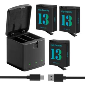3-Packs Hero 13 battery charger kit 2800mAh replacement batteries type-C LED three-channel charger for Hero 13 Black fully compatible with original (3 pieces battery + 1 piece charging compartment)